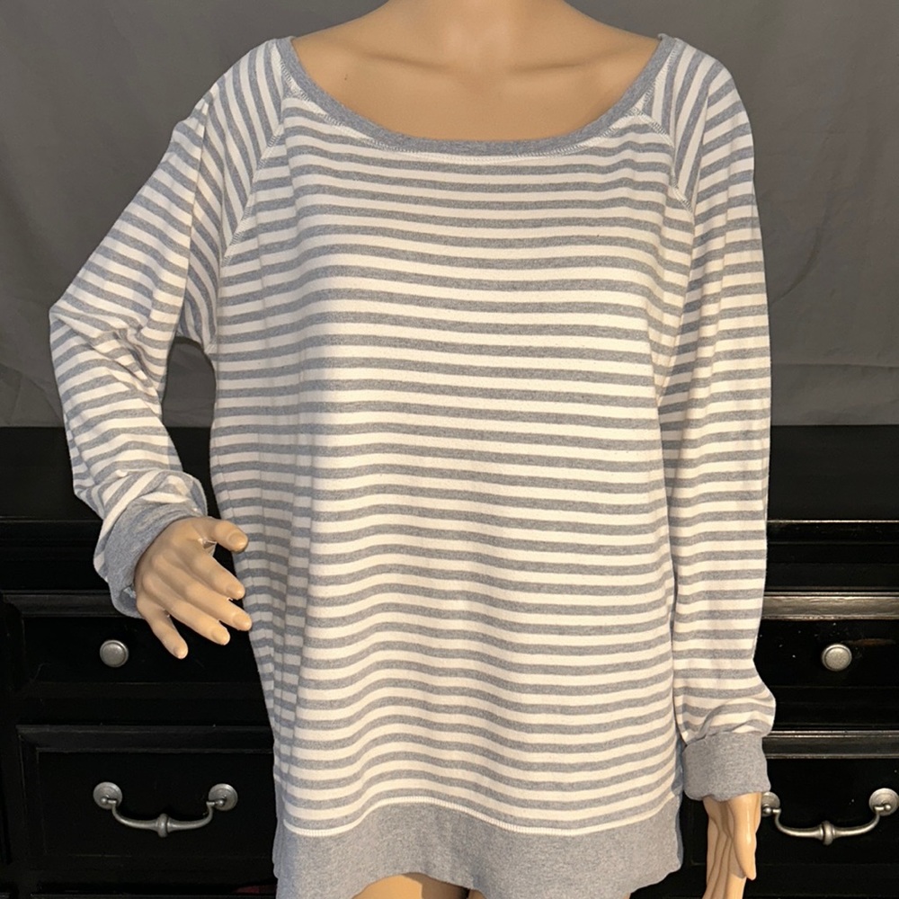 Pact Gray and White Striped Long Sleeve Top